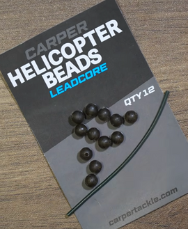 Carp rig tying guide featuring Carper helicopter beads and leadcore packaging.