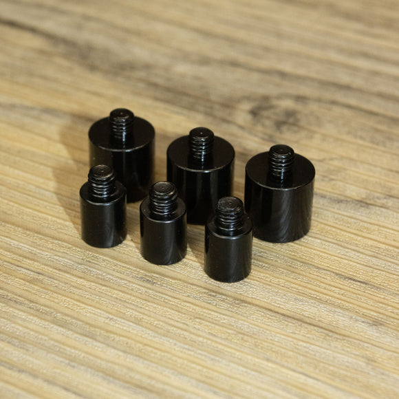Bobbin Add-on Weights in black, various sizes, compatible with M5 threaded bobbins, 3 per pack.