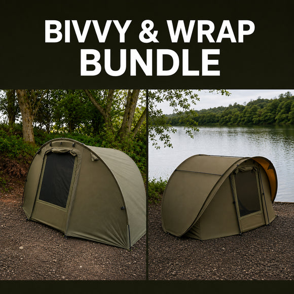 Speedflex V2 Bivvy & Overwrap bundle shown at a lakeside, showcasing its design and functionality.