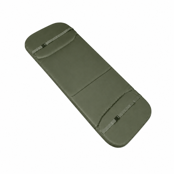 bedchair memory foam topper in dark green with fixing straps for secure attachment.