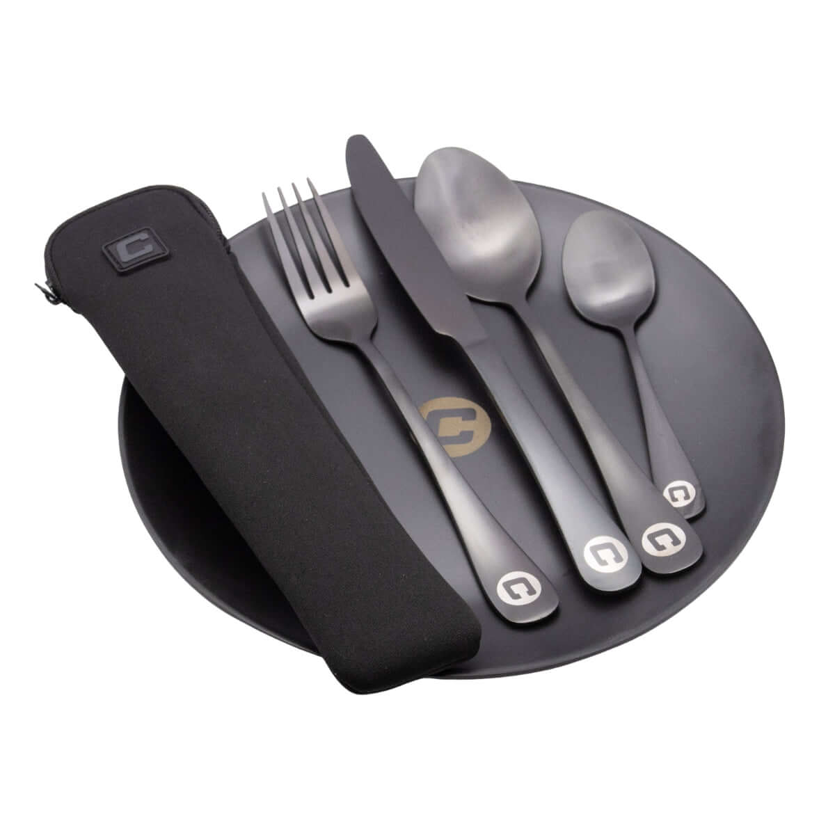 Cutley & Plate Set featuring a stylish cutlery set and tough Melamine plate, perfect for carp fishing.