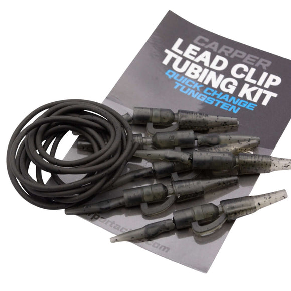 Tungsten lead clip tubing kit with quick-change system and camo finish, arranged on packaging.