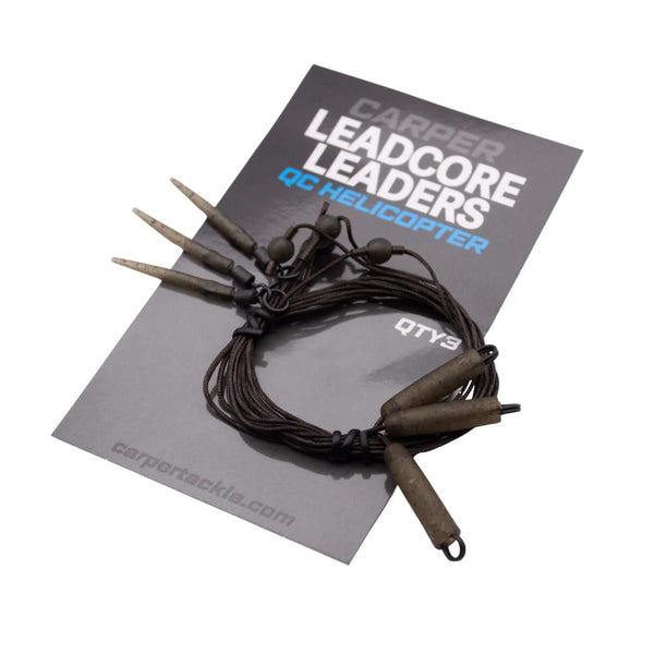 Helicopter leadcore leaders on a packaging card, featuring super-heavy leadcore construction and three leaders per pack.
