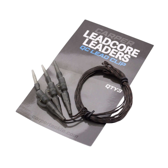 Pack of Carper Leadcore Leaders with three super-heavy lead clips and leader line for fishing use.