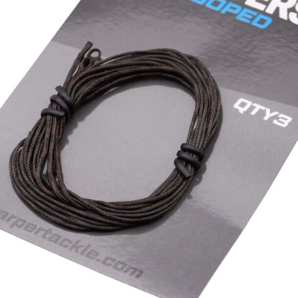 Looped leadcore fishing leaders packaged, showcasing 75cm long, super-heavy leadcore design, 3 leaders per pack.