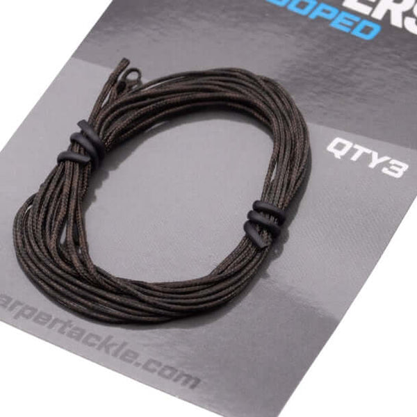 Looped leadcore fishing leaders packaged, showcasing 75cm long, super-heavy leadcore design, 3 leaders per pack.