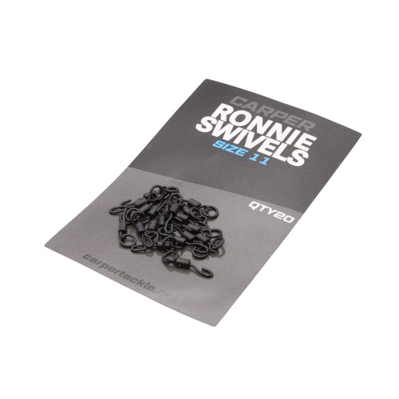 Ronnie swivels size 11 in black finish, super strong, 20 per pack for fishing tackle.