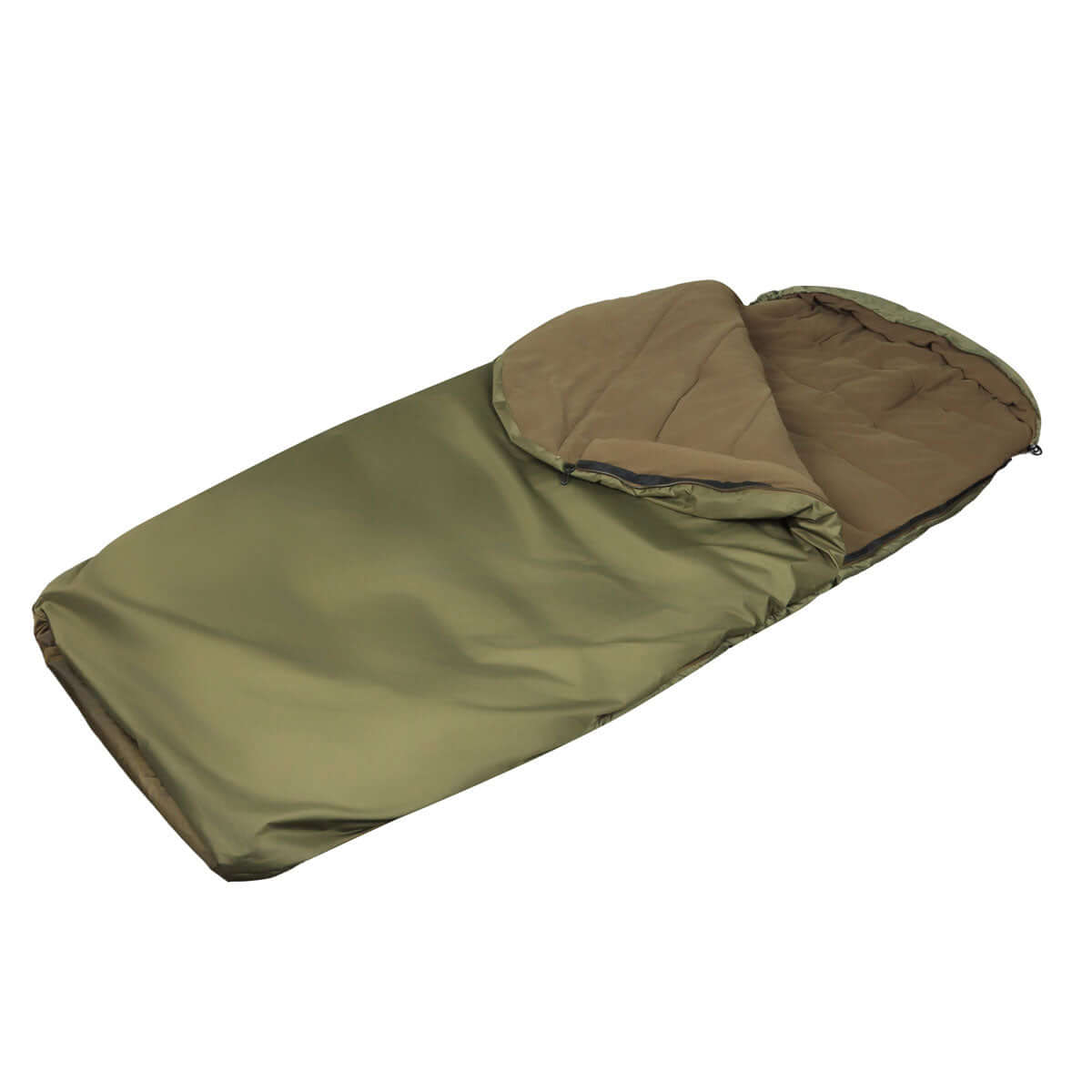 Therma-Stop 5 season sleeping bag in olive green color with fleece lining and waterproof exterior.