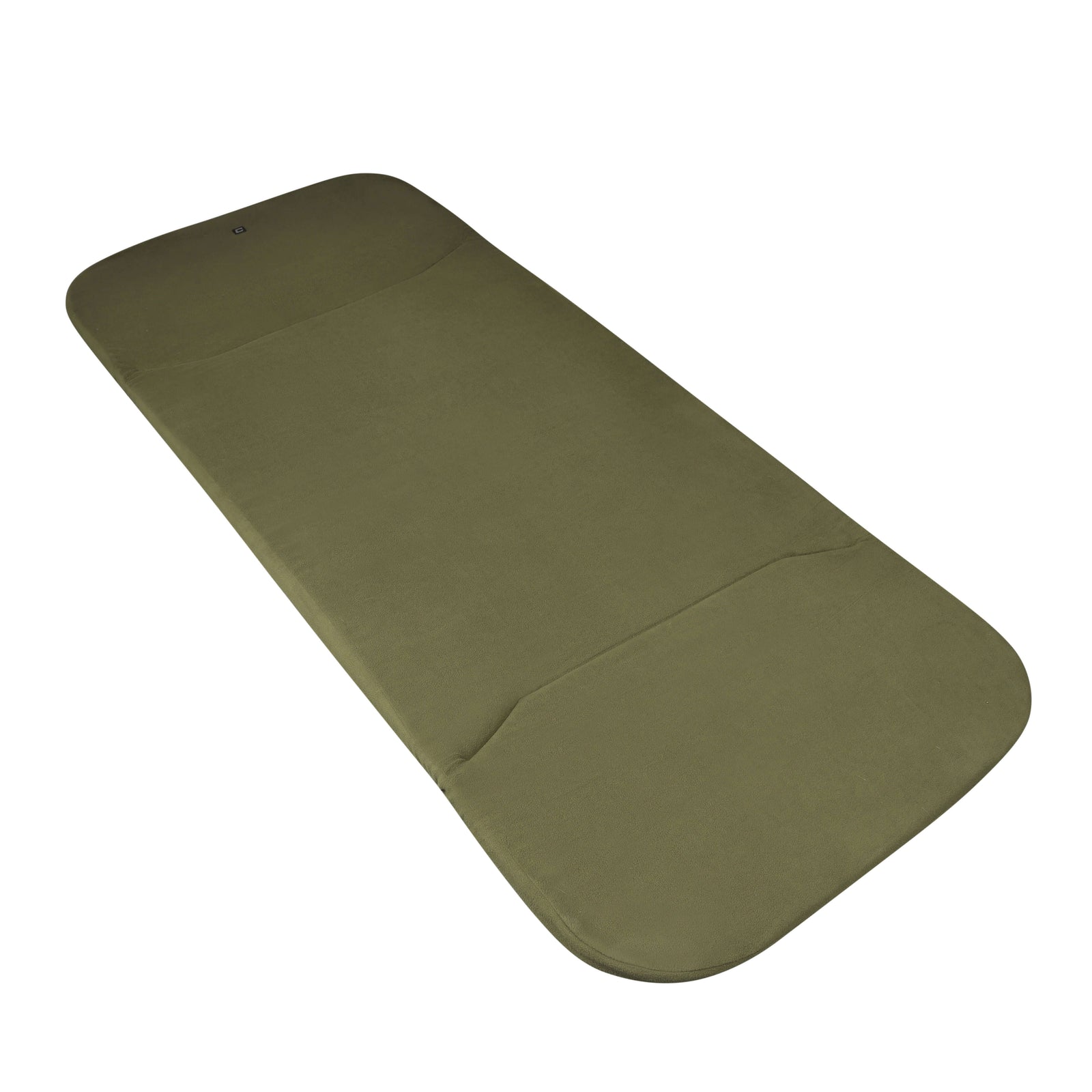 Memory foam topper for carp fishing, fleece-covered, with bedchair fixing straps, supplied with a carry bag.